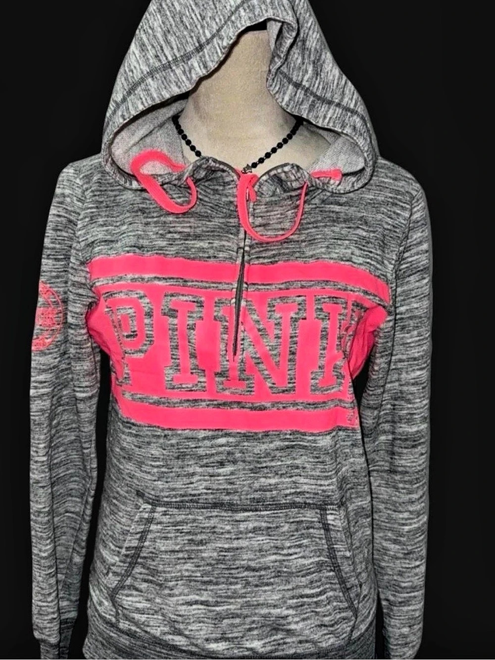 PINK Pullover 1/4 zip Hoodie Graphic Hoodie Gray Size XS Victoria’s Secret PINK